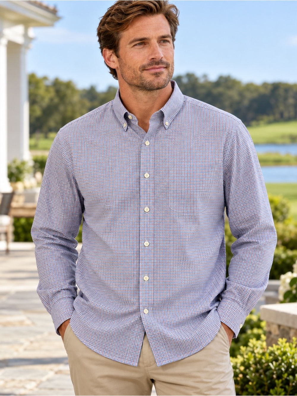 Peter Millar Mens XL Check Shirt Cotton Silk Blend Button Down Blue Red RN100308